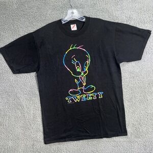 VTG Tweety T Shirt Men Sz L Black Neon Bird Warner Bros Looney Tunes USA 90s Tee